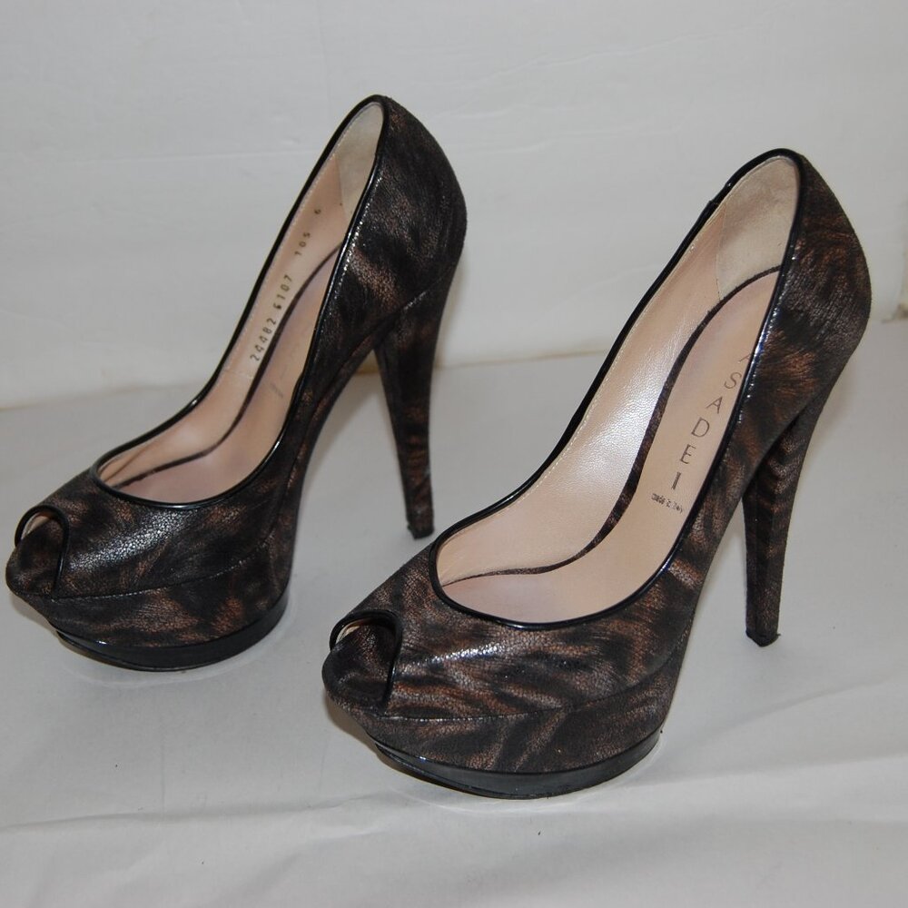 US 6 ❤️ CASADEI Leather Black/Brown HIGH HEELS Platform Pumps SANDALS ITALY